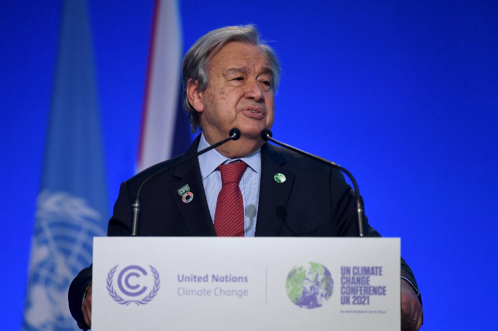 UN Secretary General Antonio Guterres speaks during an plenary session at the COP26 UN Climate Change Conference in Glasgow on November 11, 2021. – AFP pic