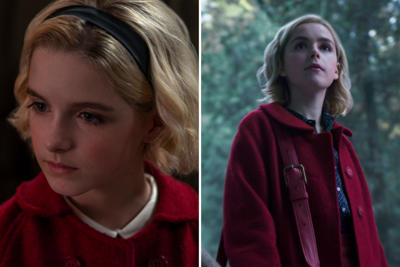 Mckenna Grace as kid Sabrina (left) and Kiernan Shipka as teen Sabrina (right). – Image courtesy of Netflix