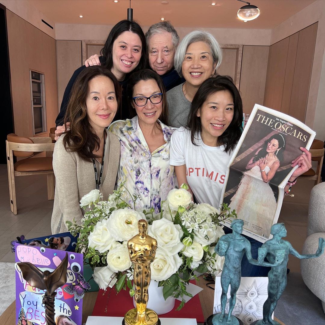 Michelle Yeoh celebrates her historic Oscar win her partner Jean Todt (centred, top row) with goddaughter Dee Poon (bottom R) and her ex-husband's first wife Marjorie Yang (top R).  – Pic courtesy of Dee Poon's Instagram