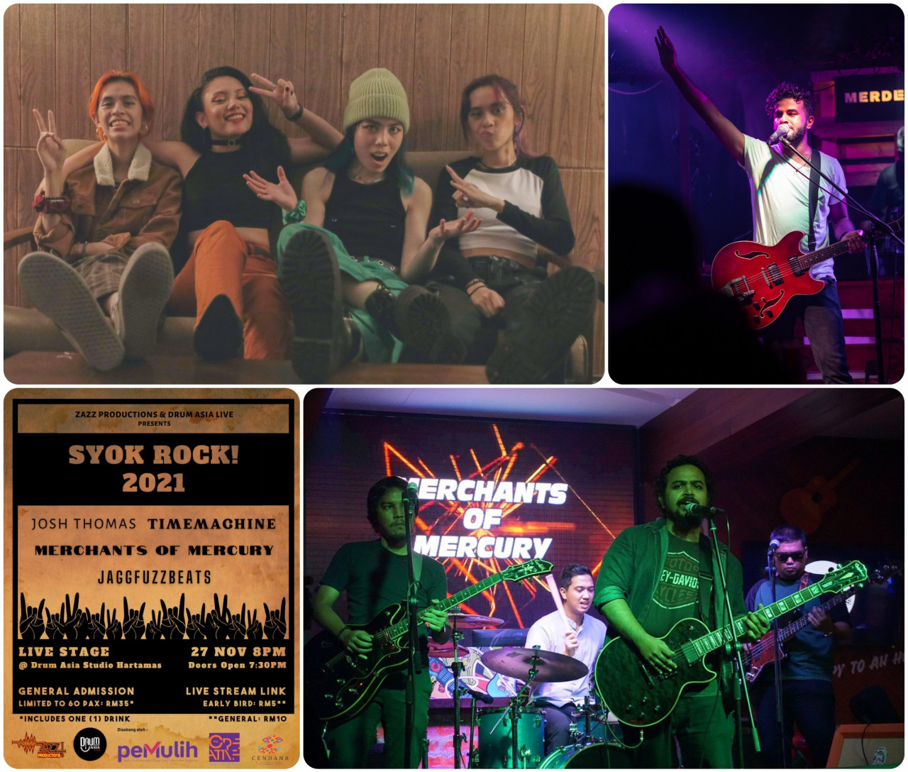 (Clockwise from top left) TimeMachine, Josh Thomas, Merchants of Mercury and the Syok Rock! 2021 poster detailing the event. – Syok Rock! pix