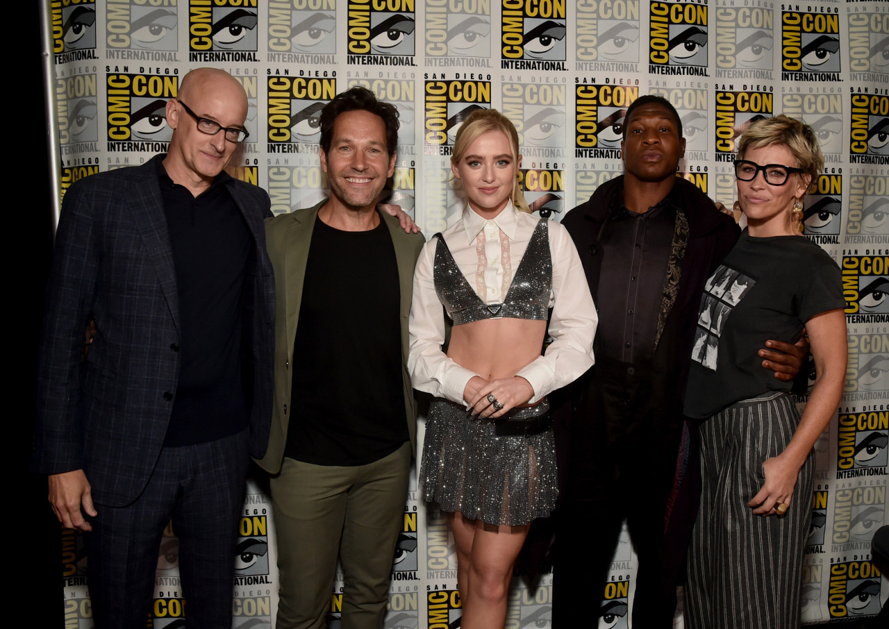 (L-R) Director Peyton Reed, Paul Rudd, Kathryn Newton, Jonathan Majors and Evangeline Lilly of Ant-Man and the Wasp: Quantumania. – Pic courtesy of Disney