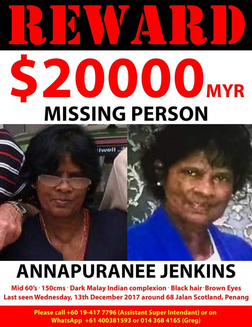 Annapuranee Jenkins' missing persons poster that went up in the wake of her disappearance. – File pic