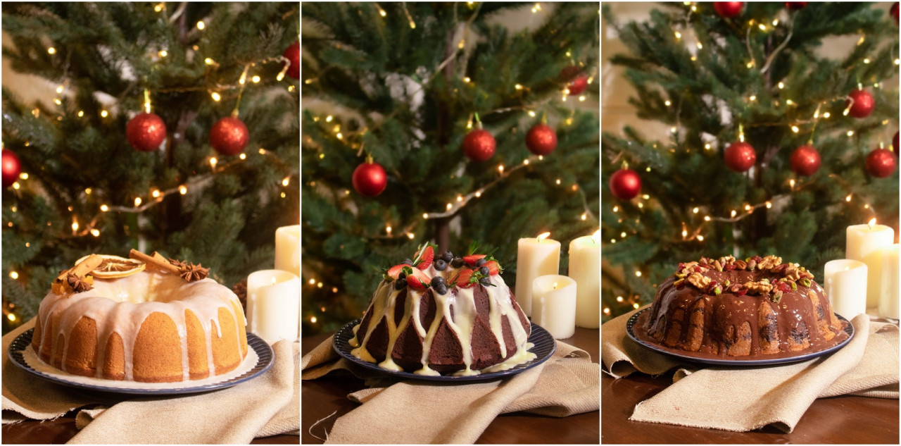 The types of Bundt cakes available at bake x dignity this holiday season. (L-R) Orange Spicy Bundt Cake (RM80), Red Velvet Bundt Cake (RM80) and Banana Chocolate (Eggless) Bundt Cake (RM85). – Pic courtesy of Dignity