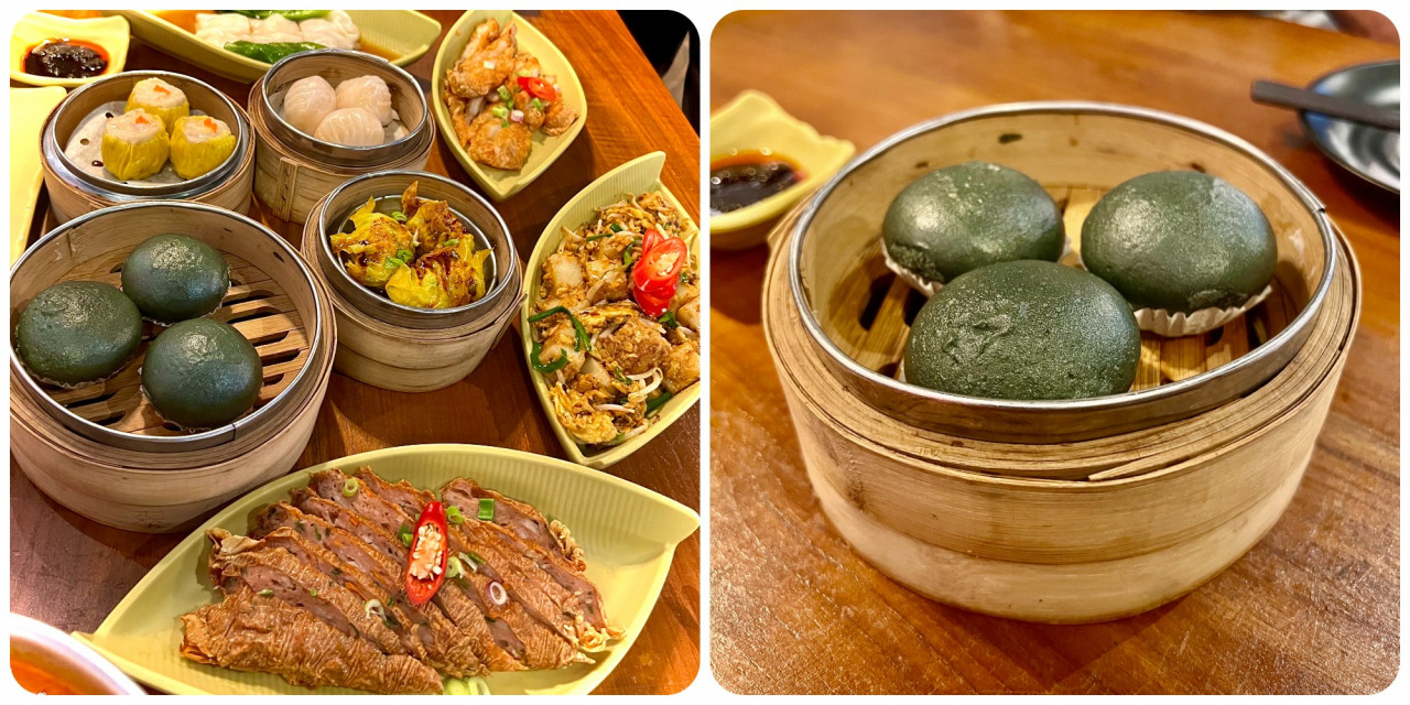 A selection of the diverse array of dishes available at Dodo Dim Sum. (Top, L-R):  ‘Siew Mai’, ‘Har Gow’, ‘Pan Fried Radish Cake’. (Middle, L-R) ‘Salted Egg Custard’, ‘Szechuan Chicken’, ‘Radish Cake Dodo Style’. (Bottom) ‘Five Spice Beancurd Rolls’. There’s also a closeup of the Salted Egg Custard. – Pic by Adam Ayzzat