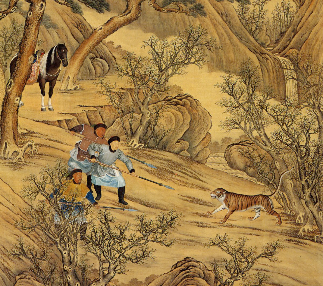 Hongli Spearing a Tiger, ink and colour on silk mounted on hanging scroll, from the Qianlong reign, 1736-1795. – Wikimedia pic