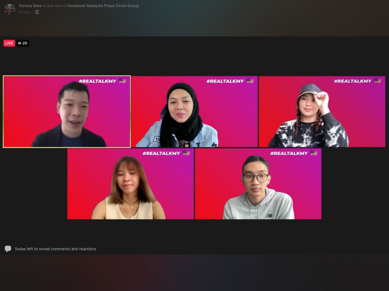 Top row (L-R) Philip Chua, head of public policy, Asia Pacific, Instagram; Anita Abu Bakar, founder and president of Miasa; actress and host Janna Nick. Bottom row (L-R), national diver and Olympic medallist Datuk Pandelela Rinong; content creator Hafiz @Slurpee Crank. – Zoom screenshot
