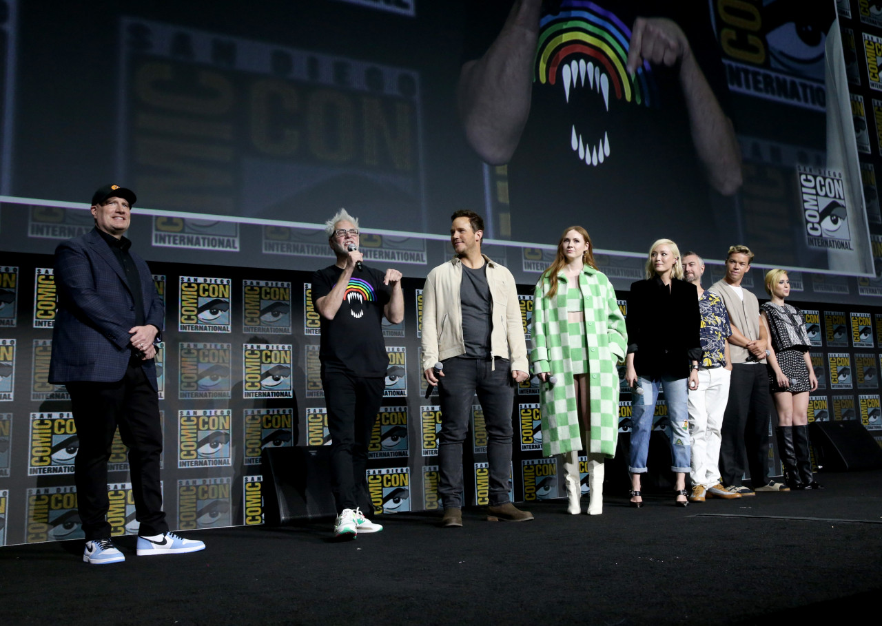 (L-R) Marvel president Kevin Feige, along with writer-director James Gunn, Chris Pratt, Karen Gillan, Pom Klementieff, Sean Gunn, Will Poulter and Maria Bakalova. – Courtesy of Disney