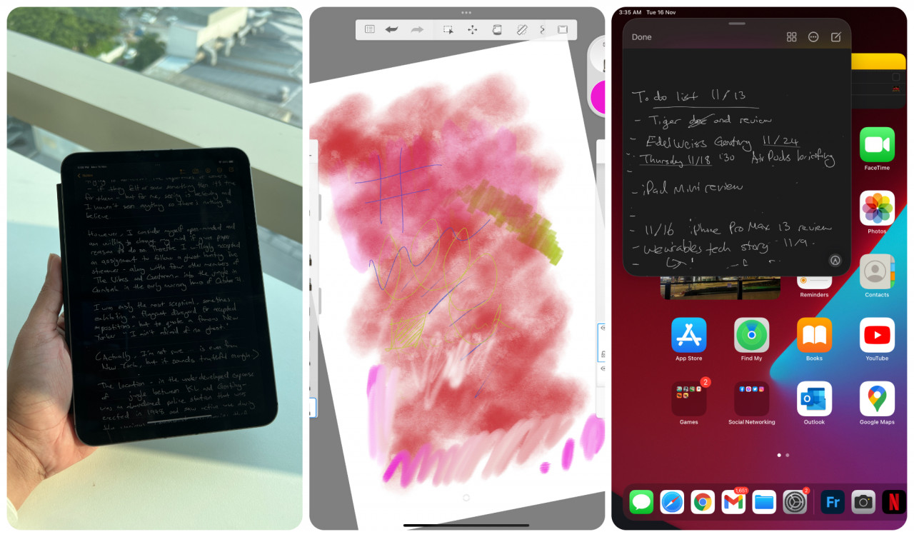 (From left) Writing and reading notes becomes second nature really quickly, some noodling on Sketchbook, and the Quick Notes feature is easily accessible with the flick of the Apple Pencil. – Haikal Fernandez pic