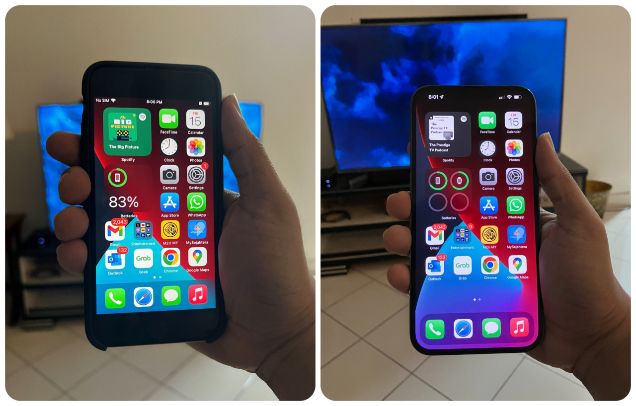 David vs Goliath. (L) With 4.7 inch display, the iPhone SE is quite a small phone, though it might be preferable if you have small hands. (R) The iPhone 13 Pro Max is Apple's current biggest phone. The differences in screen real estate should be readily apparent. 