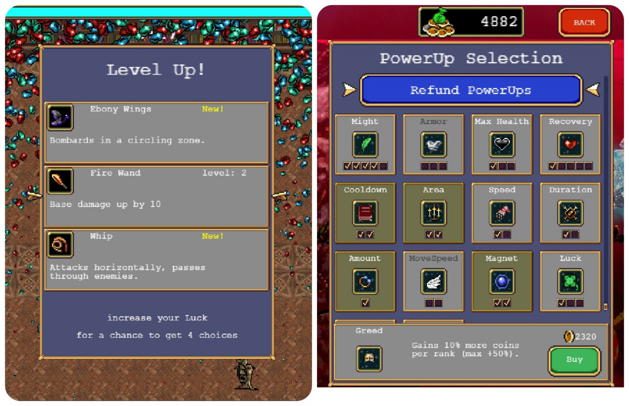 (L) Whenever your character levels up you are given three (or four) options: either a new weapon/ability or improve something you already have. (R) There is a meta element in between games where gold accrued can be used for permanenet bonuses. – Screenshot