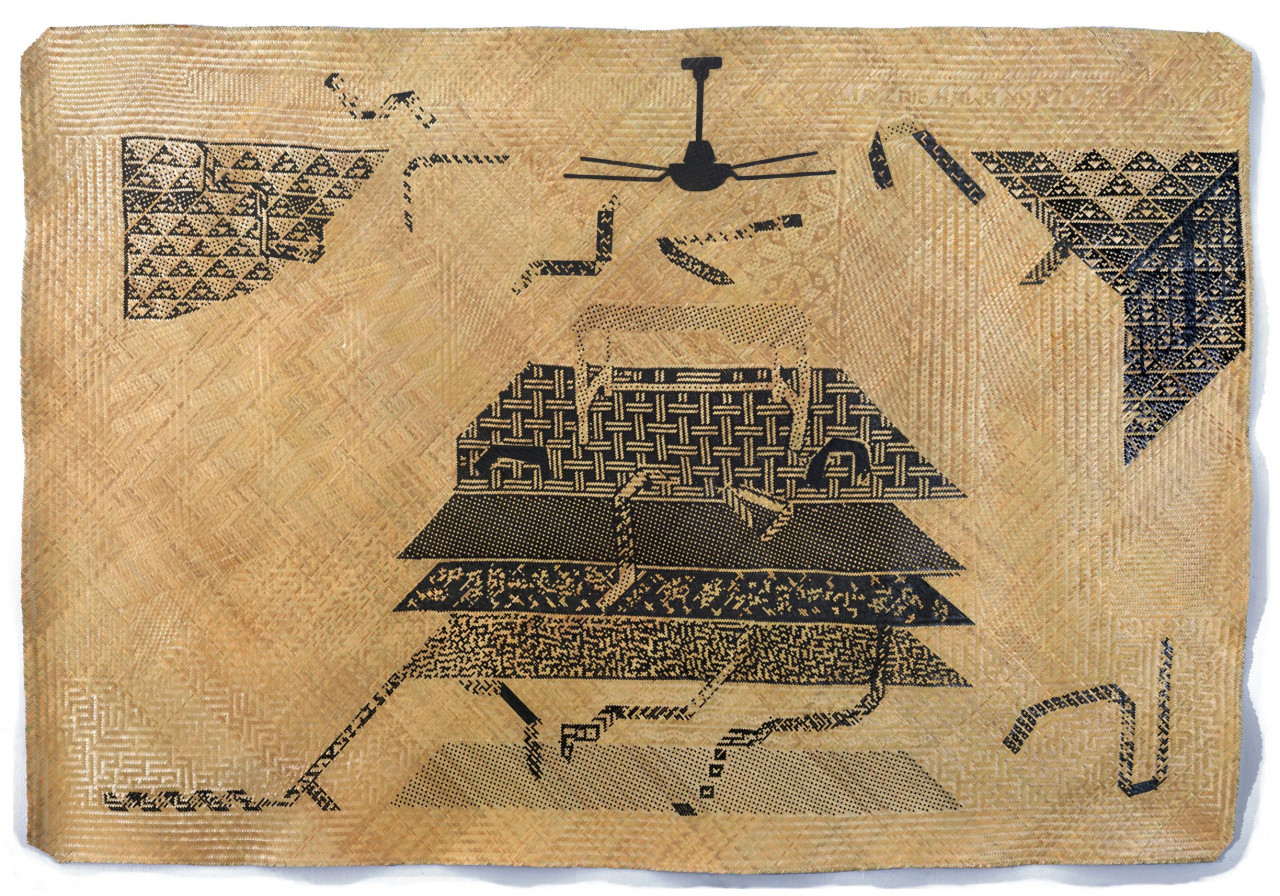 Tukad Kad Sequence #07, Yee I-Lann with weaving by Julitah Kulinting, S. Narty Raitom,  Julia Ginasius, Zaitun Raitom; 2023, Split Bamboo pus weave, kayu obol black natural dye, matt sealant; 208 x 314 cm. – Pic courtesy of Ilham Gallery