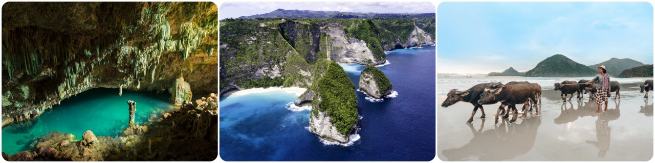 (From left) Rangko Cave, Labuan Bajo; Selong Belanak, Lombok, and Kelingking Beach, Bali. – AXN Asia pic