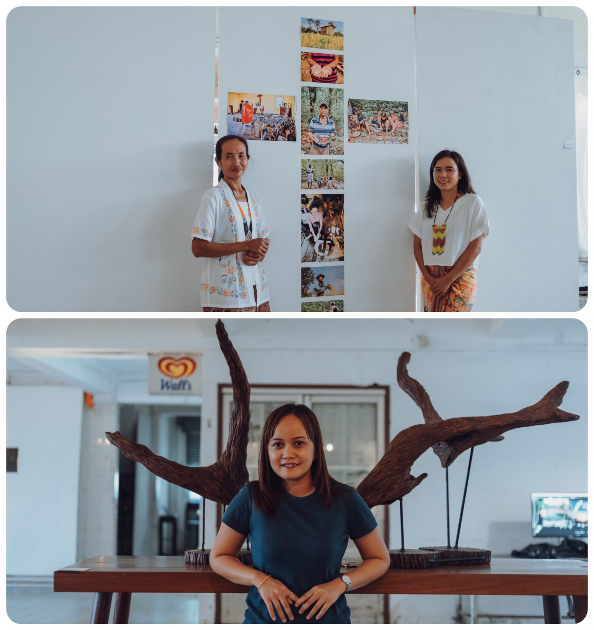 (Top) Photographer Hardiyanti with cultural practitioner Lidia Sumbum from Sungai Utik, Kalimantan. (Bottom) Sculptor Anyshya Anak Jusan poses with her artwork Tanduk. – Photos by Martin Bong