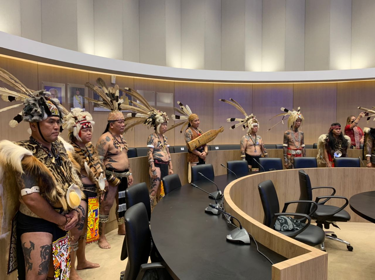 Iban men in loincloths visit the Sarawak, Tourism, Creative Industry, and Performing Arts office in Kuching yesterday. – Pic courtesy of Peter John Jaban