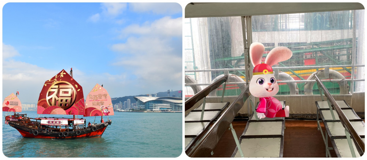 (L) A Dukling decorated with CNY elements. (R) A Lucky Rabbit rides the Star Ferry. – Pics courtesy of Hong Kong Tourism Board