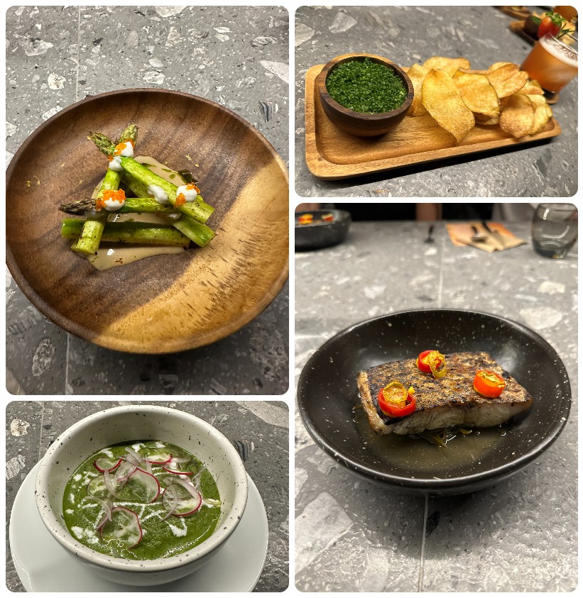 (Clockwise from top L) Charred asparagus; Potaytoe, potahtoh; kombu cured red snapper; Sinaloa-style sea prawn aguachile. – Haikal Fernandez pic
