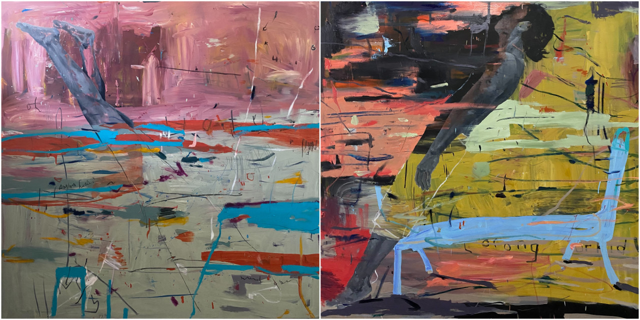 ‘terjun dalam minda (2021)', oil on canvas (left) and ‘antara dua (2021)', oil on canvas. – Pic courtesy of Isa Ishak and Zhan Art Space