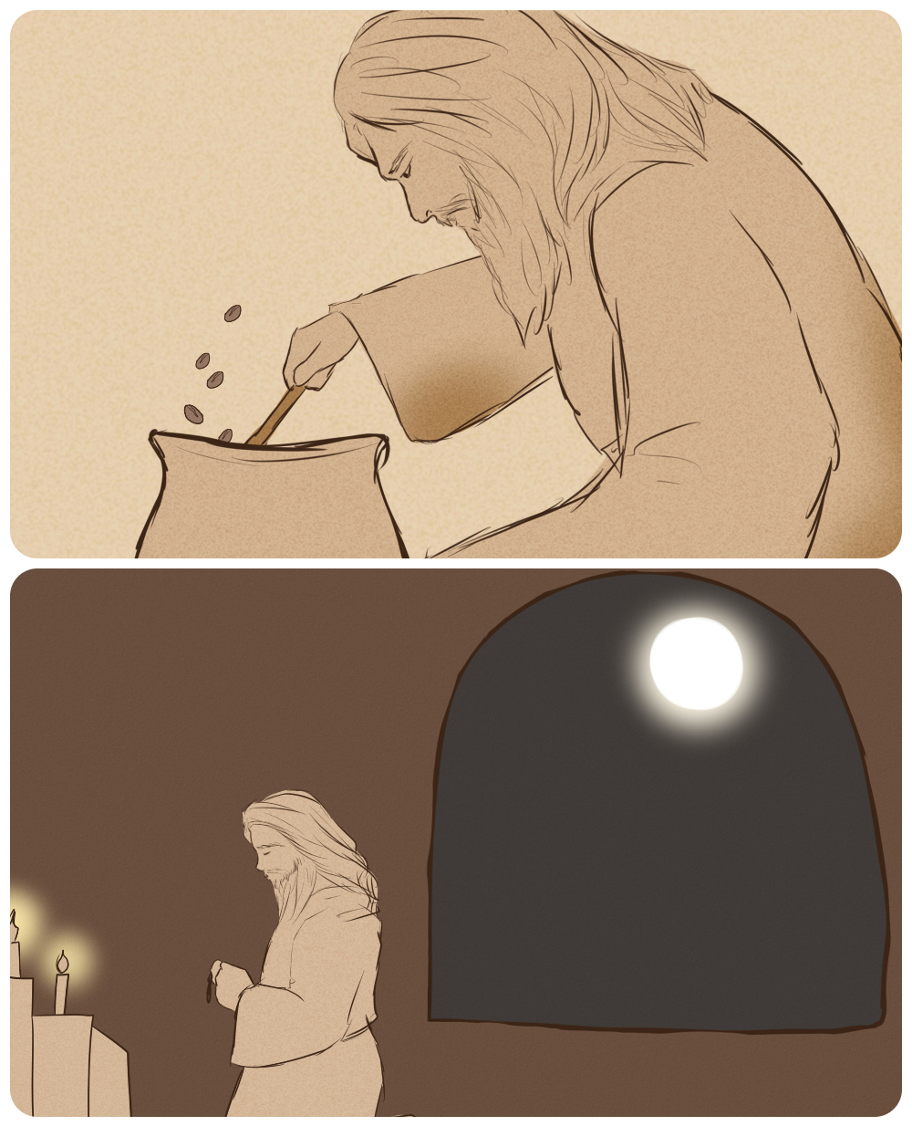 (Top) The monastary's abbot making coffee. (Bottom) An energised abbot during a long night of prayer. – Illustrations by Hanif Zahari