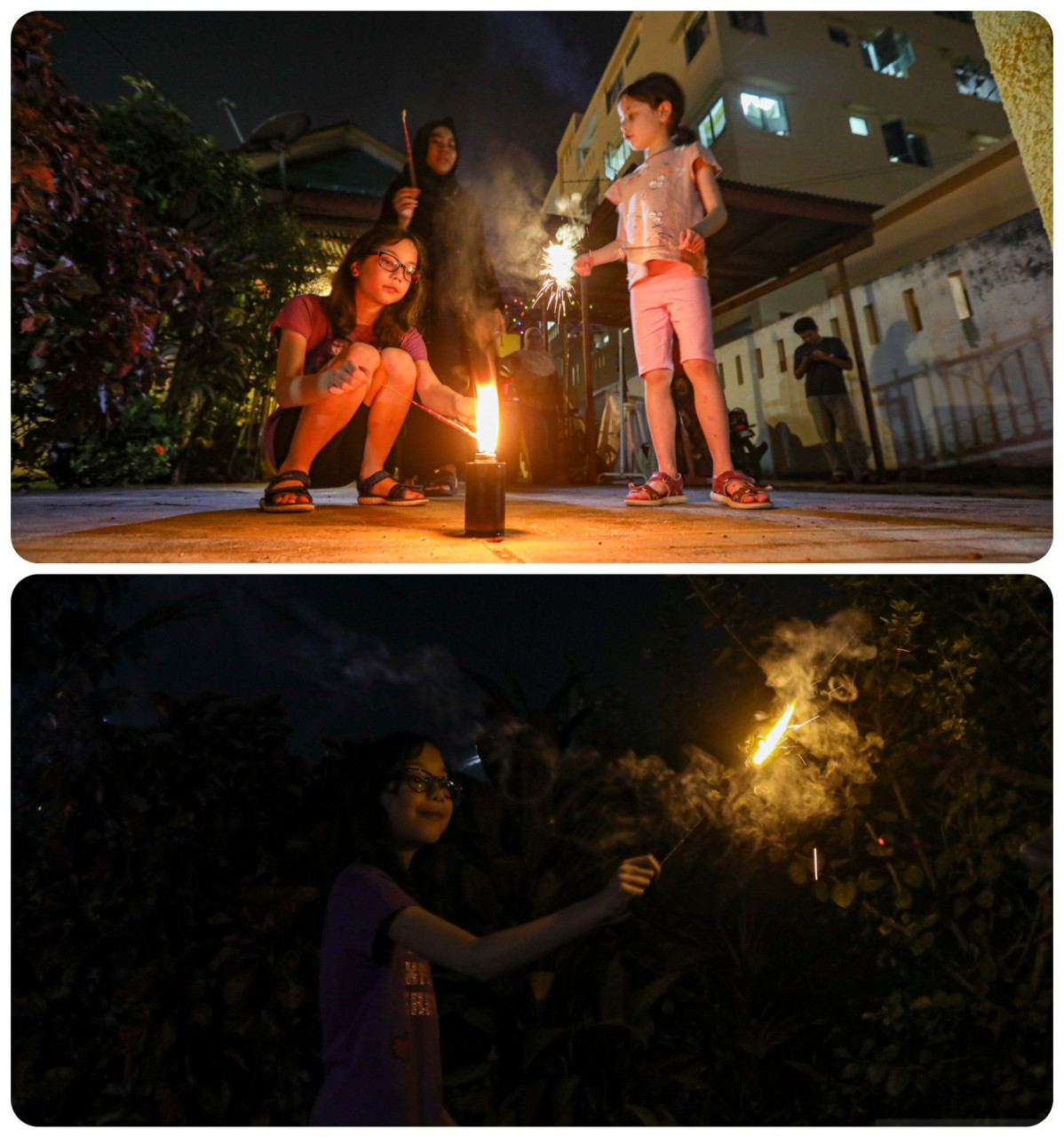 Farah's daughters Sophia and Natasha enjoy some light fireworks. Farah fears a loss of tradition with the ongoing development of the area. – Alif Omar/The Vibes pic
