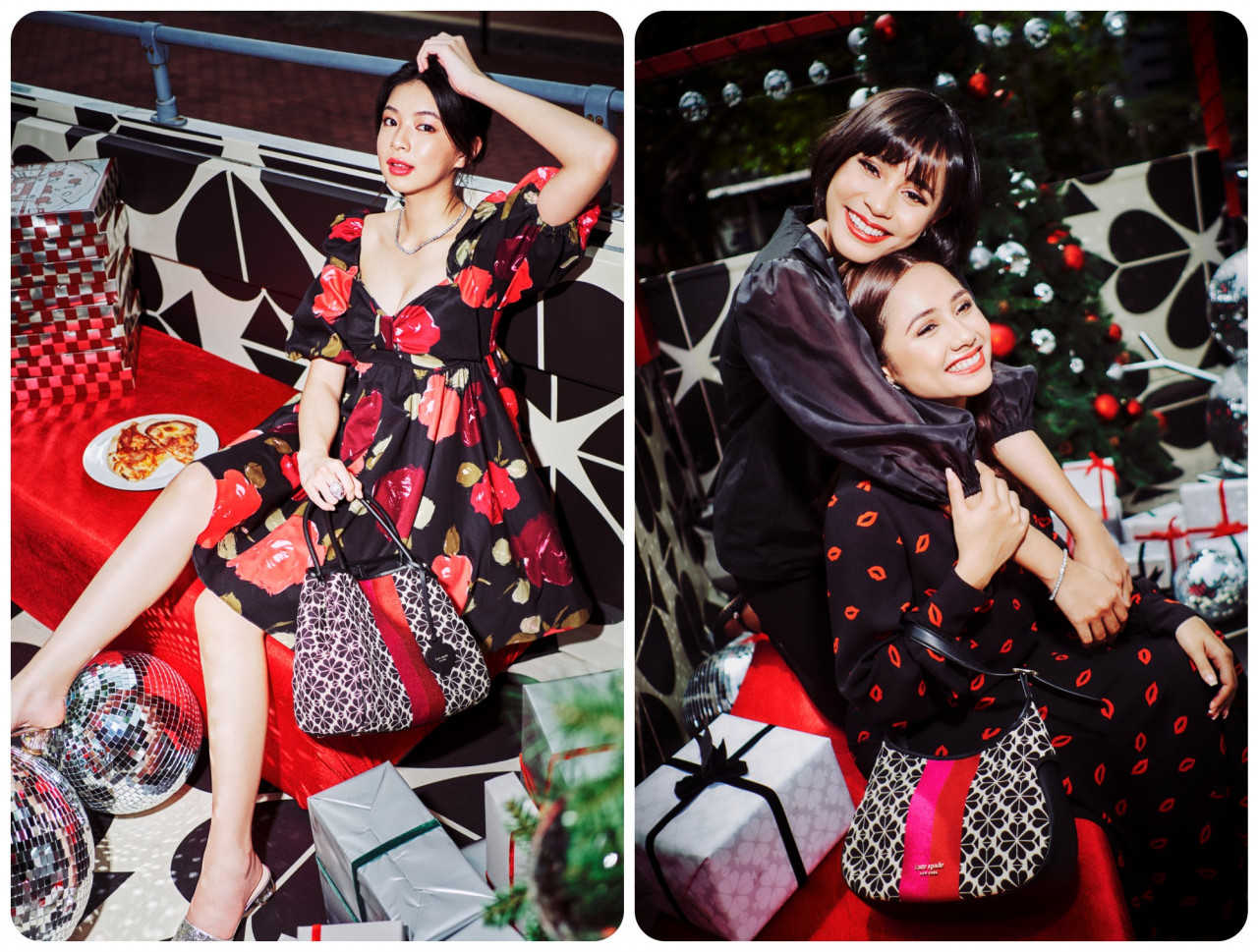 (L) Elyn Leong wearing a just Rosy Beau dress and spade flower Jacquard stripe everything medium tote. (R) Shalma Ainaa wearing a ruffle tuxedo top, while Shalma Eliana wears a kisses pastis blouse, kisses fluid skirt and spade flower Jacquard small drop hobo bag. – Pic courtesy of Kate Spade