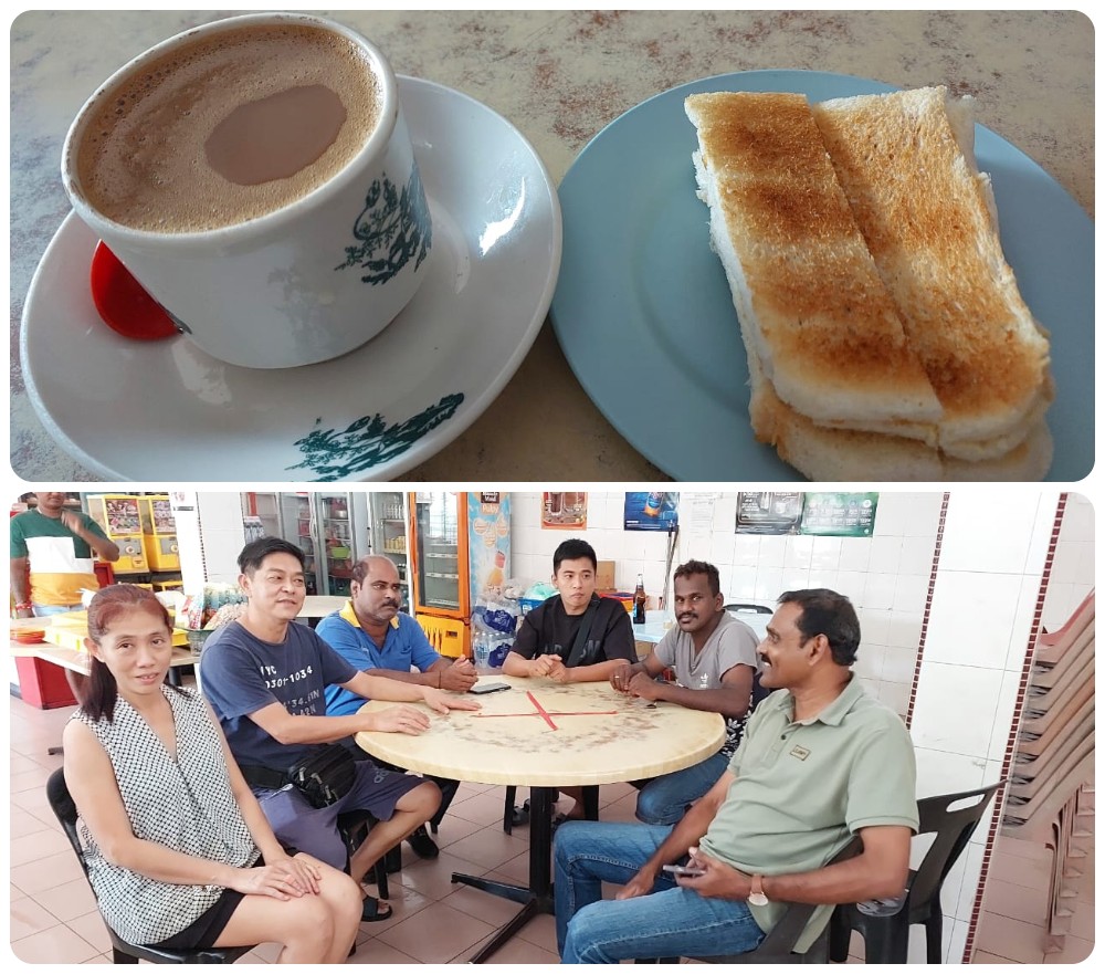 White coffee and kaya toast, part of a tradition for Samy. Loh Pei Yee (L) sits with some of Samy's friends who have gathered to remember him. – Ian McIntyre pic
