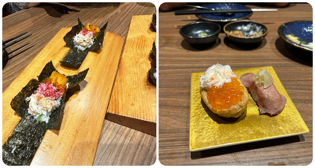 (L) The hand rolled sushi comes with sea urchin, salmon roe, crab meat, and raw wagyu. It's culinary punch with all the textures and flavours coming together in a satisfying mouthful.  – Haikal Fernandez pic