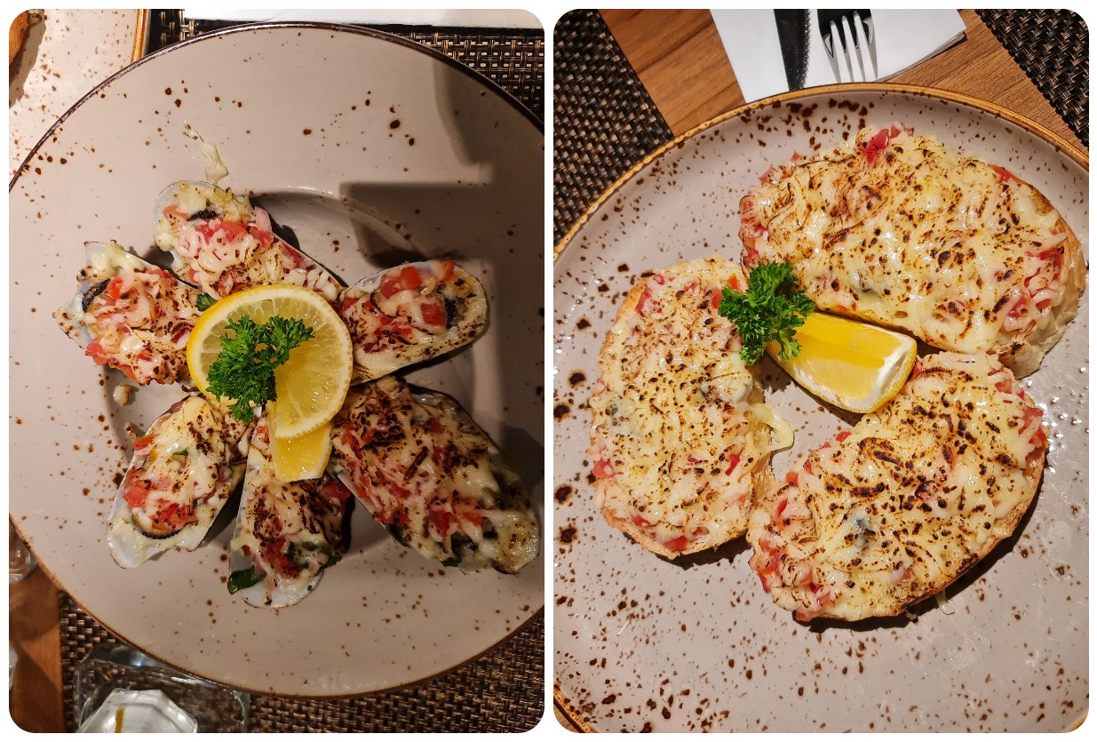 (L) A half dozen baked mussels topped off with a heaping of cheese and (R) herbacious bruschetta, are always reliable as appetisers. – Pic by Zaidatul Syreen