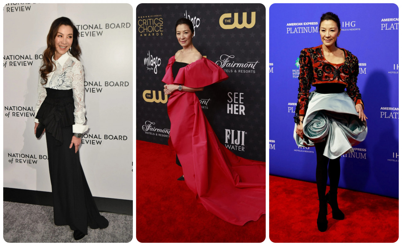 (L-R) Michelle Yeoh stuns in a sleek black and white dress by Erdem Moralioglu, accessorised with a Jimmy Choo Eclipse clutch at the National Board of Review; a dress by Carolina Herrera and jewellery by De Beers at the Critics Choice Awards; and a fashion forward moment for Yeoh dressed in a bold red dress by Daniel Roseberry at the International Film Awards. – AFP pics