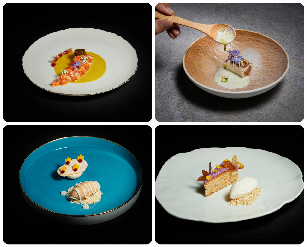 (Clockwise from Upper L) Lobster with Pineapple Pulissery, Squid Game, Rose Jam, and Murukku & Chai. More examples of the dishes that Nadodi has served. – Pic courtesy of Nadodi