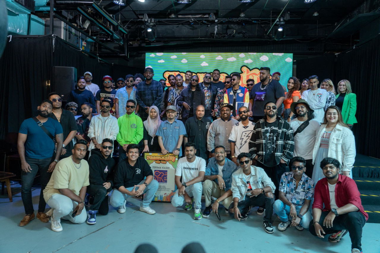 Representatives from MyCreative Ventures Sdn. Bhd, organising team alongside Tamil hiphop artists who will be performing at Naamastay Hip Hop 2023. – Pic courtesy of FourOne6