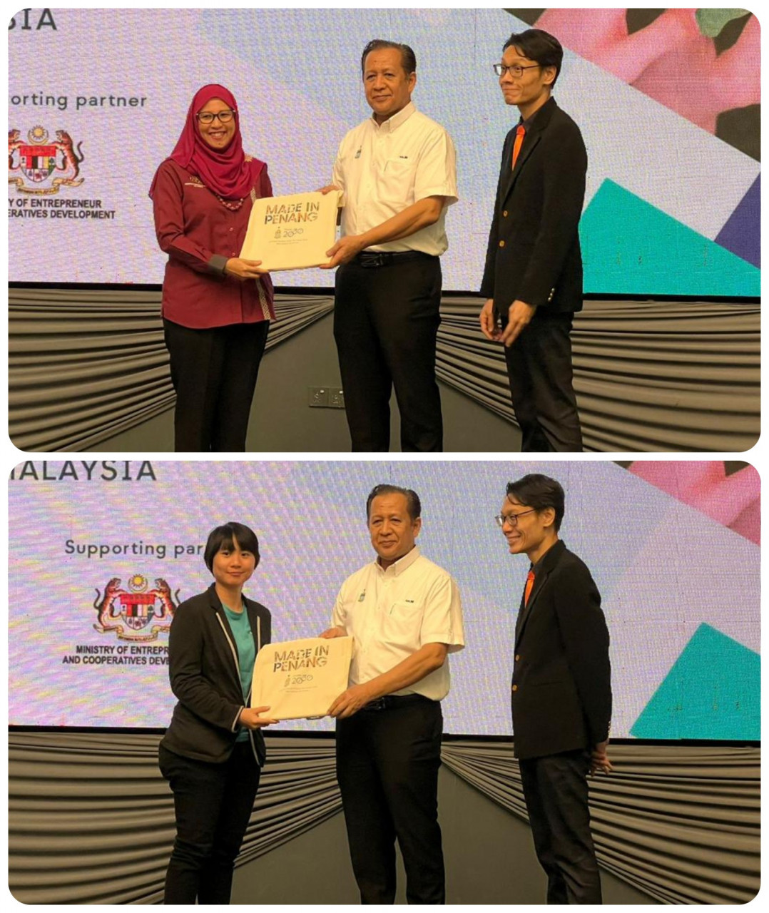 Penang exco Datuk Abdul Halim Hussein presents a gift to deputy secretary-general (policy & monitoring) Noor Afifah Abdul Razak (top) and activist Jazz Tan Yee Mei (bottom). – Ian McIntyre/The Vibes pic