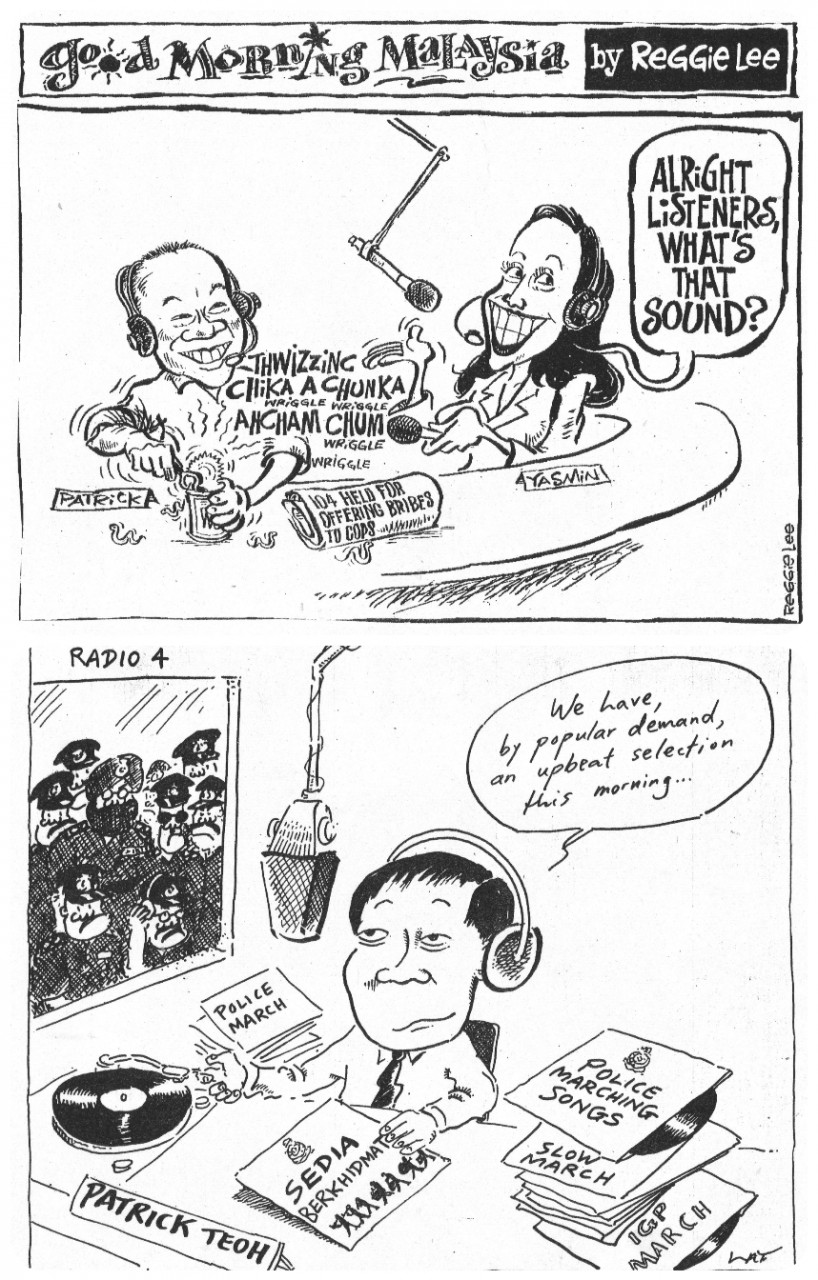 (Top) Patrick & Yasmin on radio by cartoonist Reggie Lee. An illustration by iconic cartoonist Lat, gifted to Patrick Teoh, who he is a big fan of. – Courtesy of Patrick Teoh