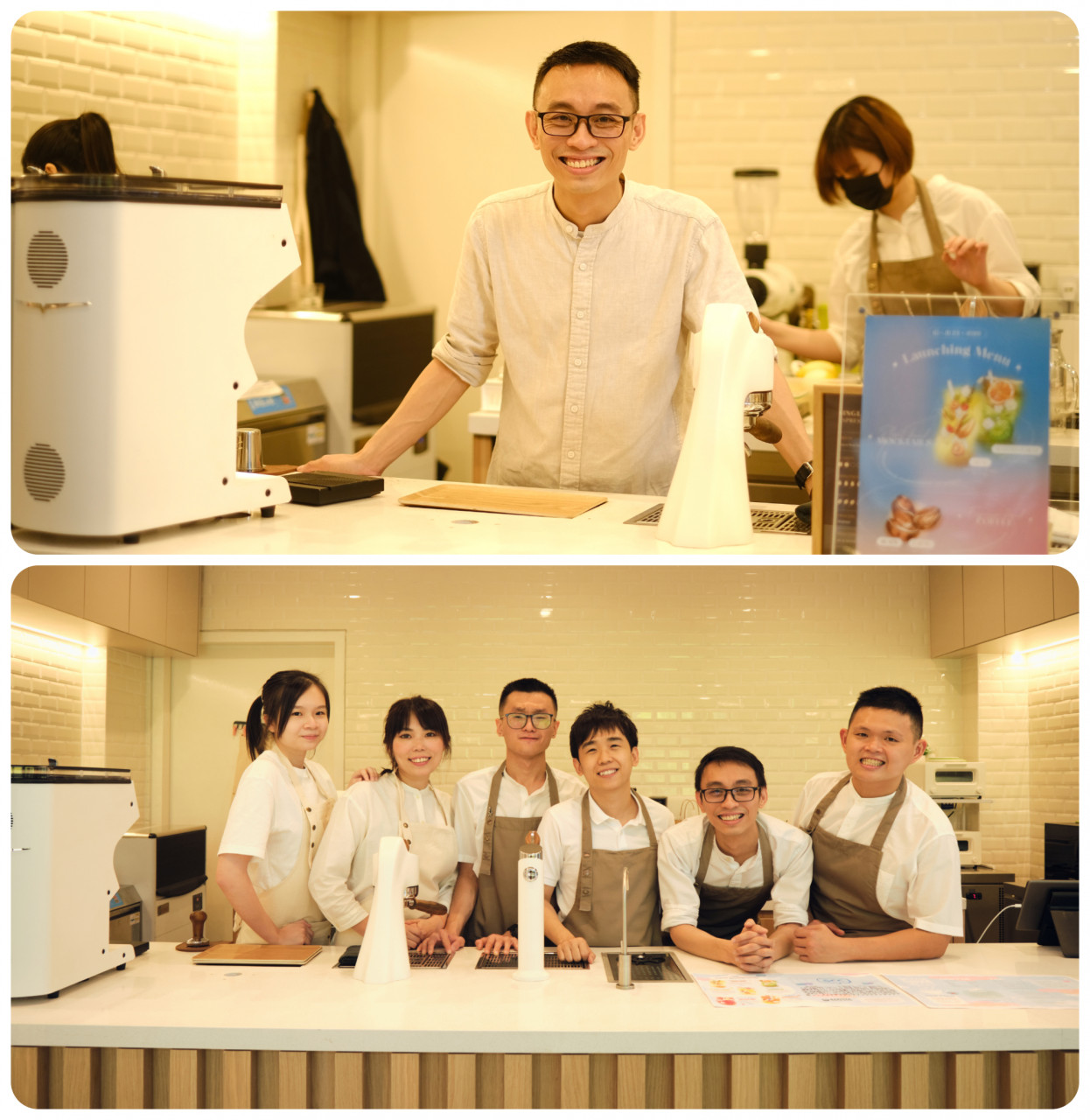 (Top) Barista Guild Asia co-founder and director David Leong. (Bottom) Signature Market co-founder John Cheng with SEE Cafe baristas. – Pic courtesy of SEE Cafe by Signature Market