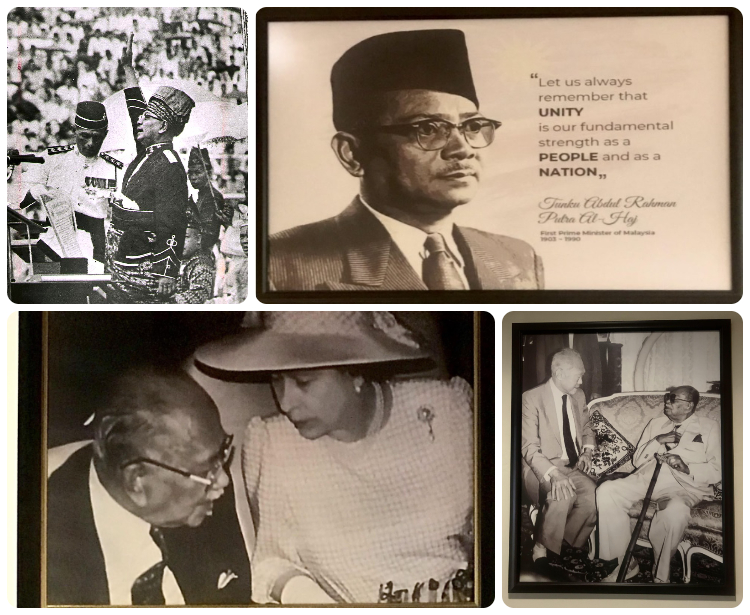 (Clockwise from top L) Tunku Abdul Rahman declares independence, the Tunku's core message: unity is strength, Tunku being visited by Lee Kuan Yew in his later years, and Tunku having a conversation with the late UK monarch Queen Elizabeth II. – Pics courtesy RCS KL