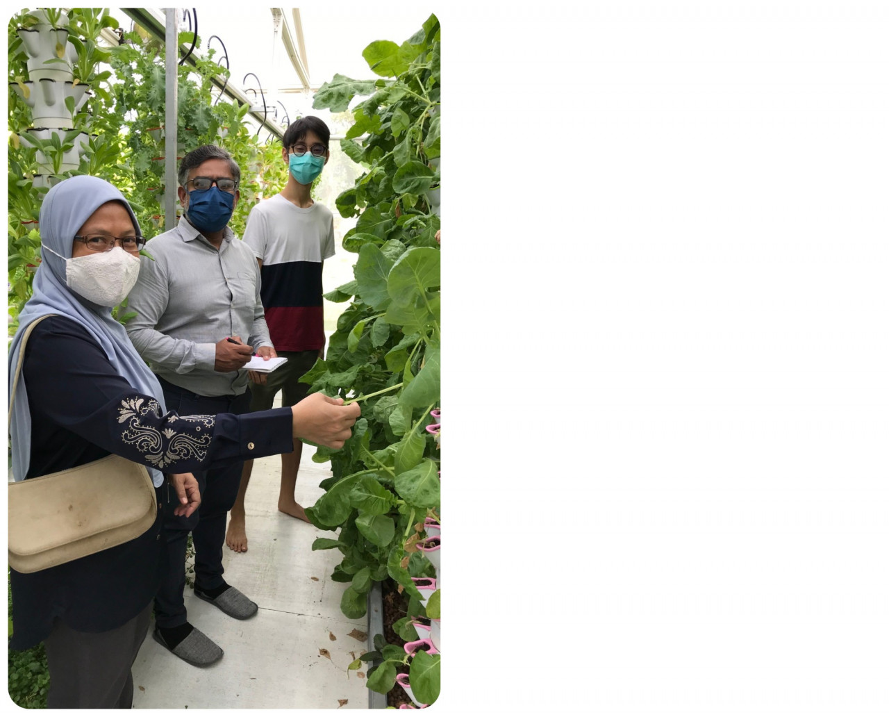 ASBX mentors Haslina Hashim (front) and Prof Ir Ts Vinesh Thiruchelvam pay a visit to E-Farm. They are welcomed by Sean Lee Juan Shen. – Pic by APU