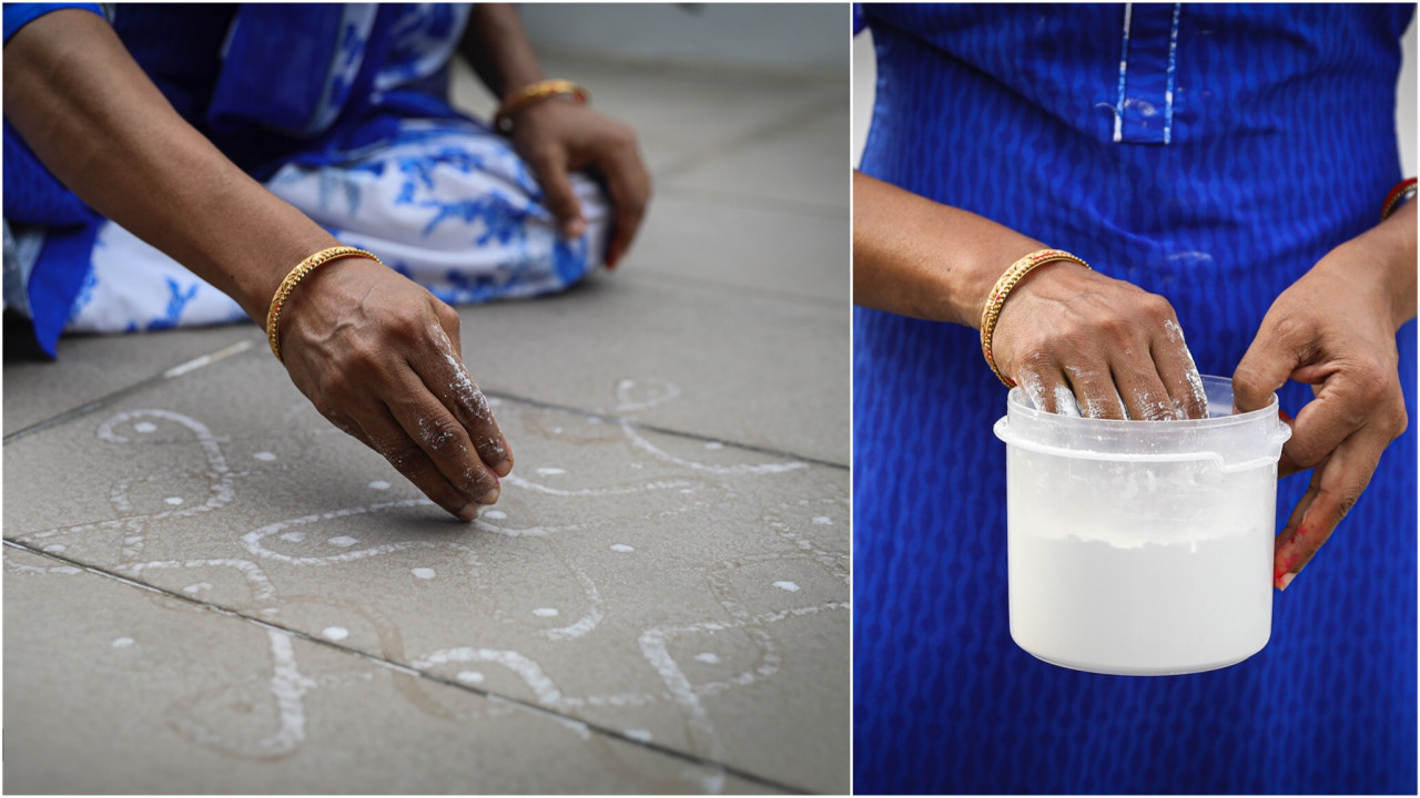 Using a white material like chalk, sand, paint or flour, the artist marks a centre-point on the ground and cardinal points around it, usually in a square, hexagon or circle depending on region and personal preference. – Syeda Imran/The Vibes pic