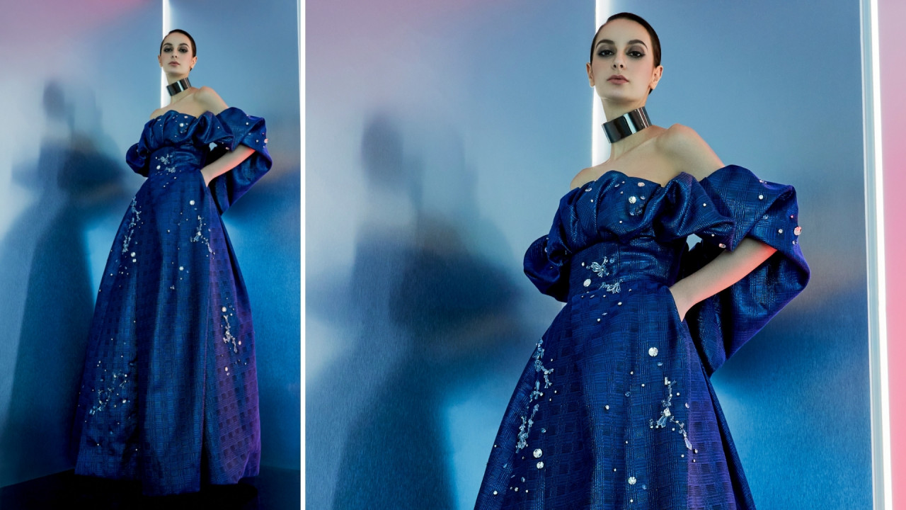 ‘Ophelia’. Strapless gown in iridescent brocade with ruffle detail on fitted corset bodice, embellished with celestial clusters of diamante. — Pic courtesy of Khoon Hooi