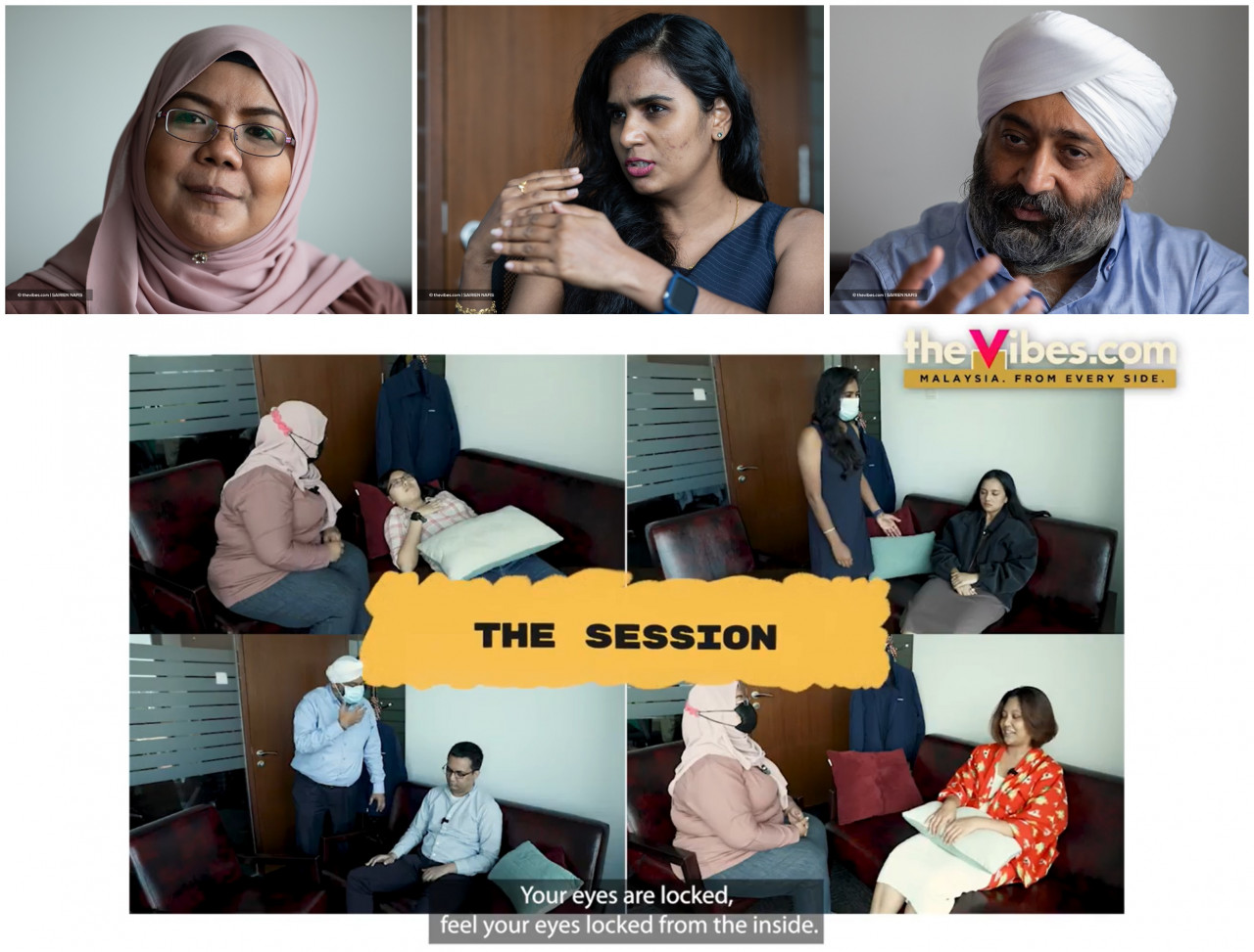 (Clockwise from top left) Certified hypnotherapists Sharifah Fadzlin Yahaya, Phemilla Mair Krishnan, and Jespal Singh Sidhu. We put some of our staff to test the hypnotherapy approach in hopes of tackling the things that bother them most. — The Vibes/Sairien Nafis & Syeda Imran pic