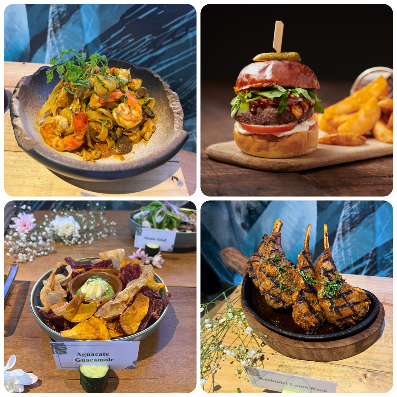 (Clockwise from upper L) Seafood tom yum fettucine, Wagyu truffle pesto burger, Kashmiri lamb rack and Aguacate guacamole with sweet potato chips. – Haikal Fernandez pics, upper right pic courtesy of WIP