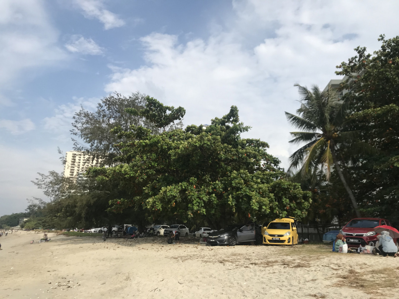 Cars parked in a shady spot at a Penang beach as people enjoy a day out. – The Vibes pic, October 17, 2021