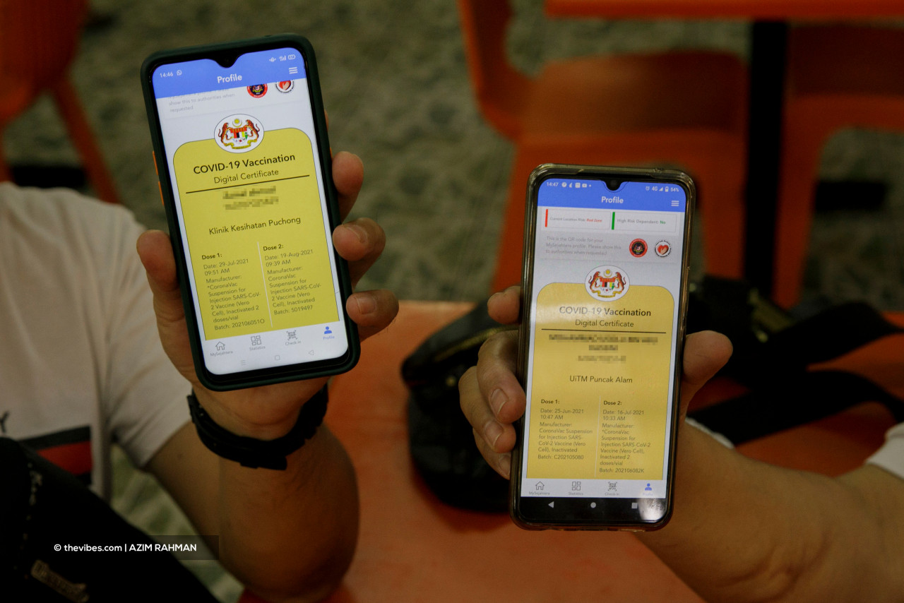 The MySejahtera digital vaccination certificate is used as proof of one’s immunisation status. – AZIM RAHMAN/The Vibes pic, September 12, 2021