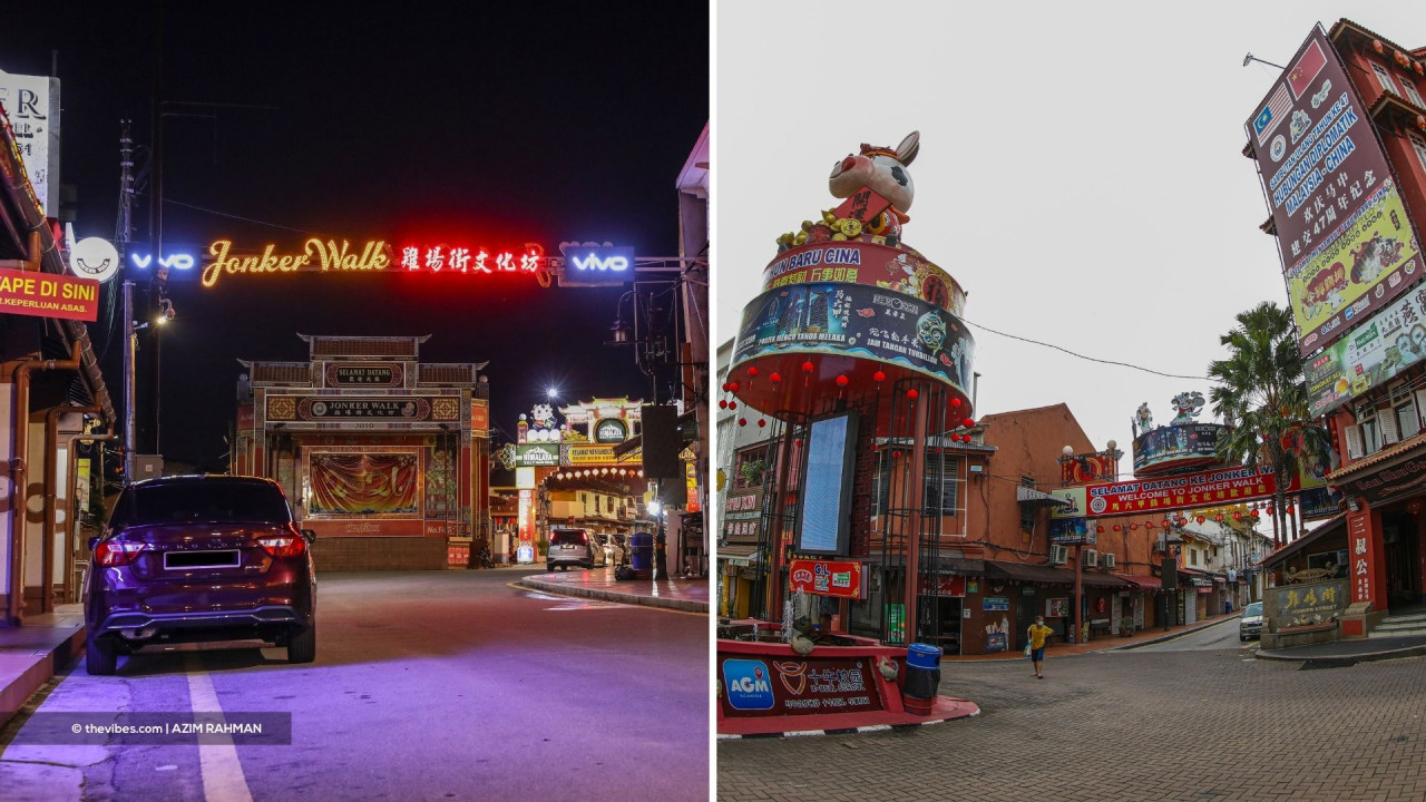 (Left) The scene at Jonker Walk stage where the weekly poco-poco a.k.a line dancing would usually take place pre-pandemic. (Right) Jonker Walk exit heading towards Melaka centre during day time. – Azim Rahman/The Vibes pic