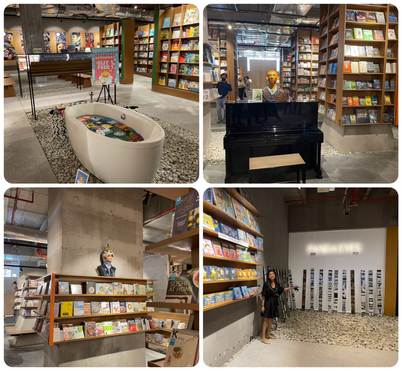(Clockwise from upper L) The bathtub with bath books, the piano with a bust of Van Gogh, PR head Geetha Nair showing off an art space, and Andrew Warhol watching over the cookbook section. – Haikal Fernandez pic