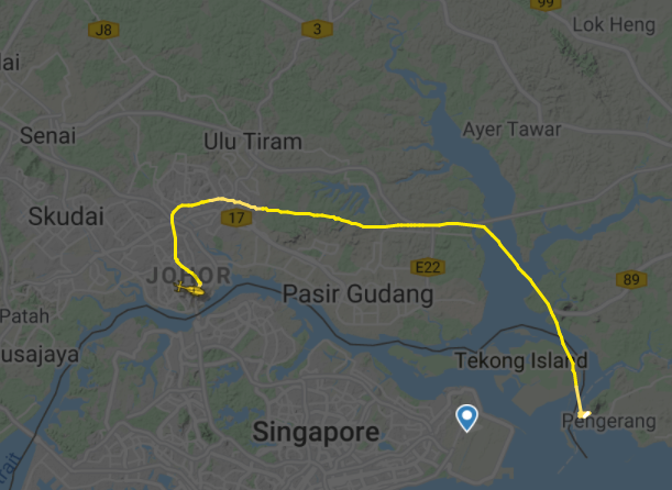 The flight path of a Malaysian police helicopter that flew over Singapore’s Tekong Island today. – FlightRadar24 screen grab, September 11, 2021