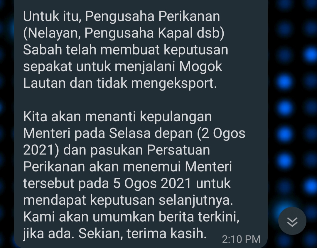 A screenshot of the Whatsapp notice from Sabah fisheries associations calling for a strike over exports on fishery exports. – REBECCA CHONG/The Vibes pic, August 2, 2021