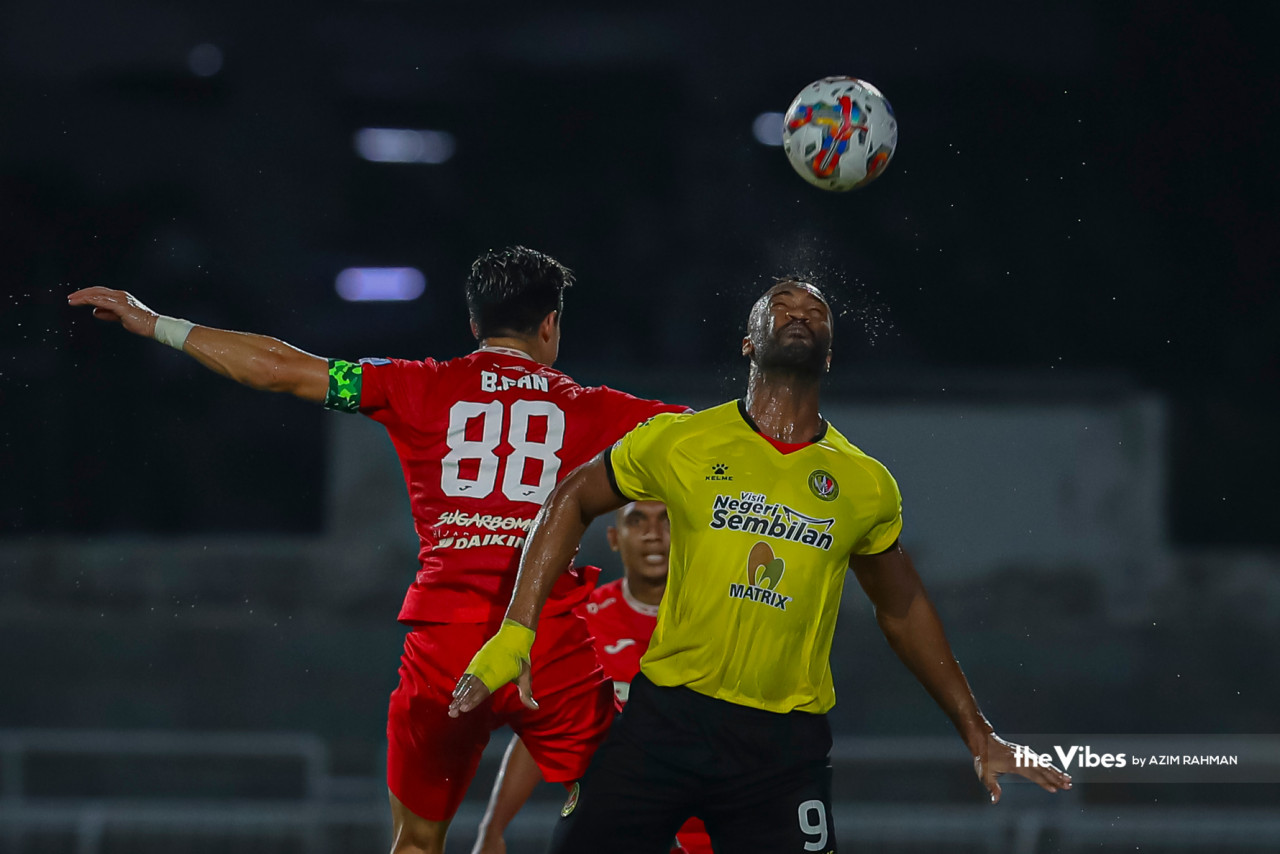 Negri Sembilan’s Frenchman Herold Mark Goulon (right) takes the spot kick giving his side the lead heading into half-time. – AZIM RAHMAN/The Vibes pic, April 5, 2023