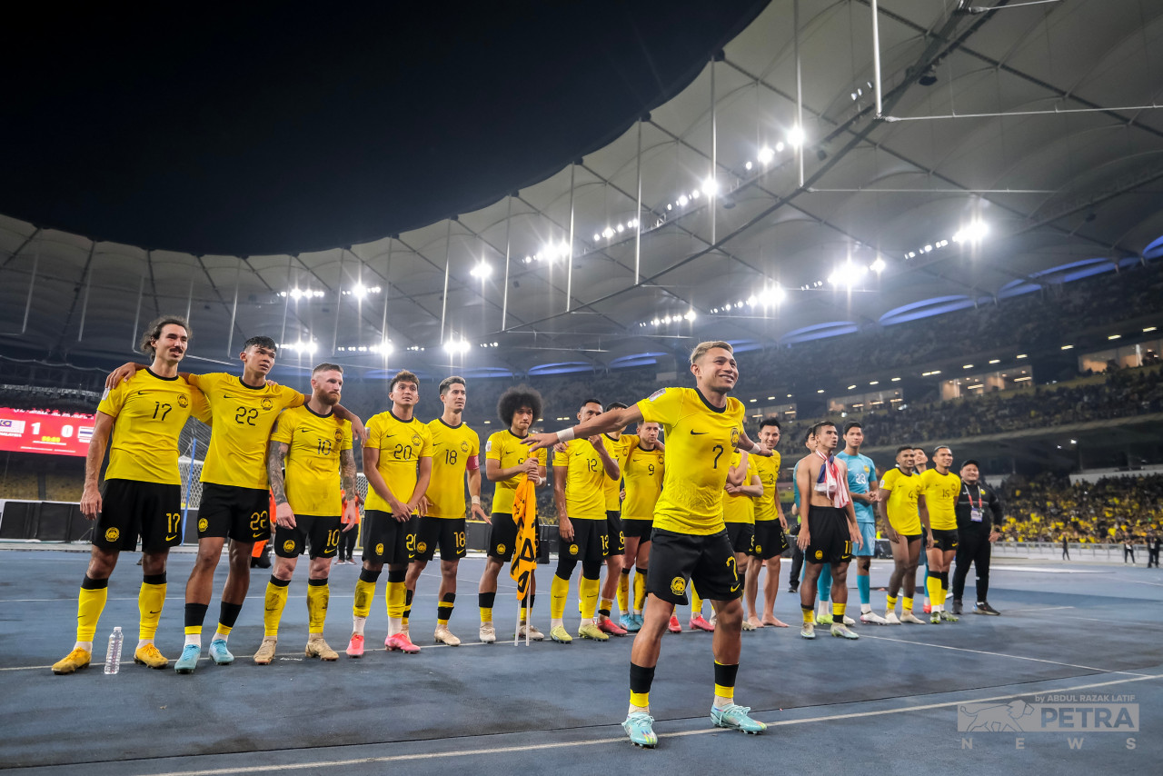 Harimau Malaya player Mohamad Faisal Abdul Halim celebrates his contribution to the team’s win against Thailand in the first leg of the AFF Cup semi-final today. – ABDUL RAZAK LATIF/The Vibes pic, January 7, 2023