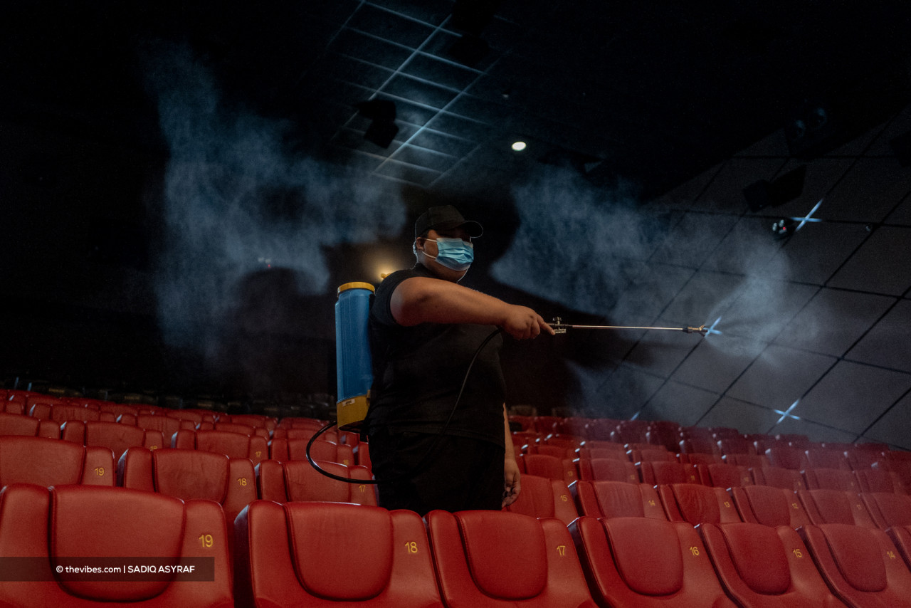 A cinema hall being disinfected in the lead-up to movie theatres’ reopening. – SADIQ ASYRAF/The Vibes pic, September 12, 2021