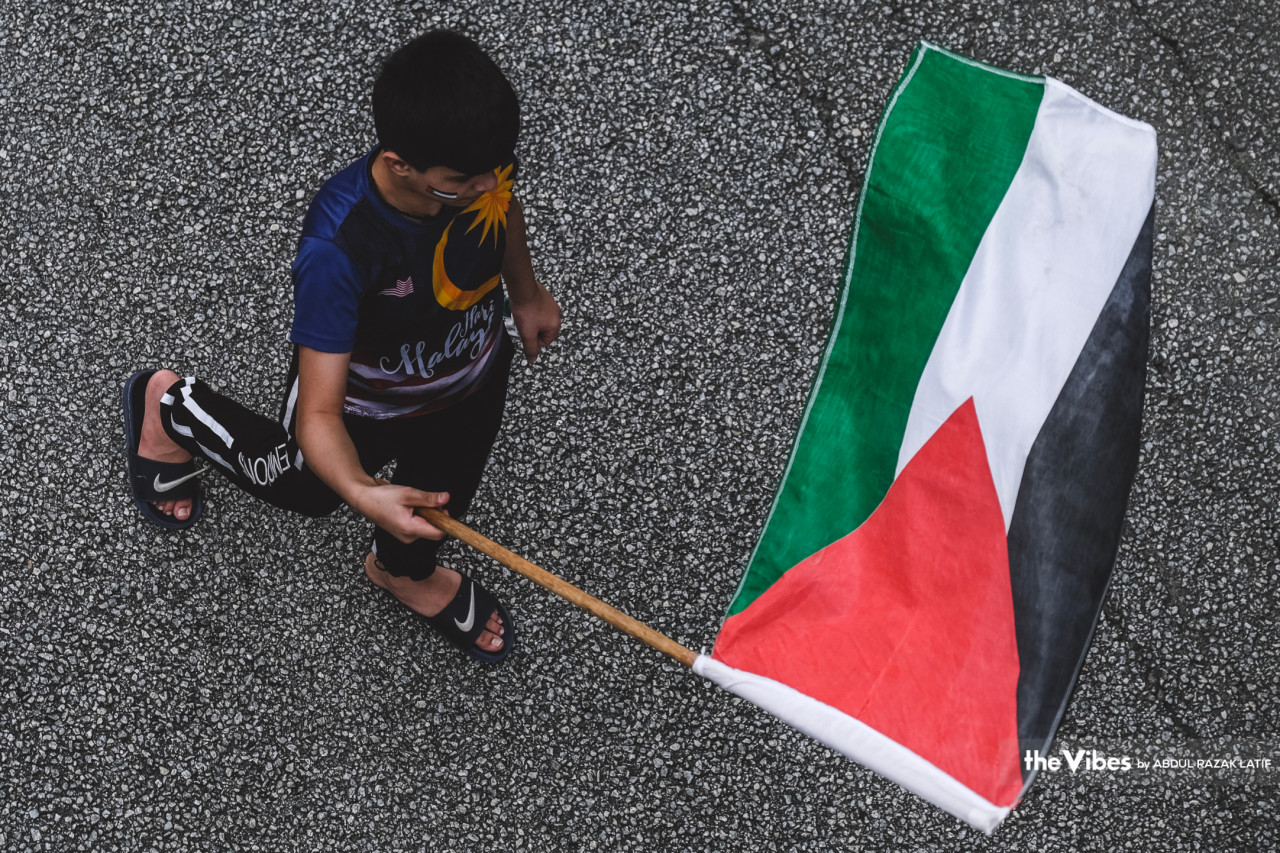 A young demonstrator waves the flag of Palestine. – ABDUL RAZAK LATIF/The Vibes pic, April 15, 2023
