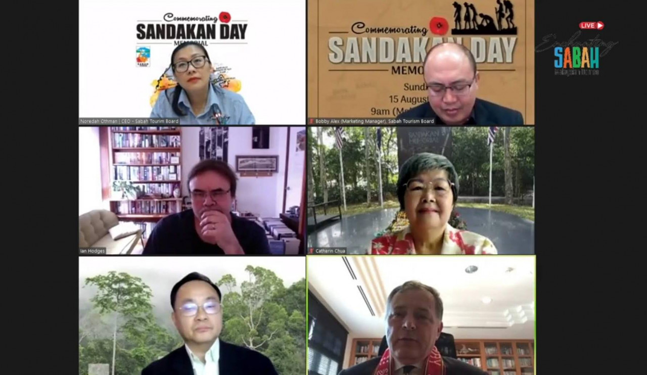 British High Commissioner to Malaysia Charles Hay (bottom right), with guest speakers during the virtual celebration of Sandakan Memorial Day. Also present were Ian Hodges (centre left), historian from the Department of Veterans’ Affairs of Australia, and Arthur Y.C. Chung (bottom left), Deputy Head of Forest Research Centre of (Sabah) Forest Research Centre deputy head. – Screen grab, August 13, 2021